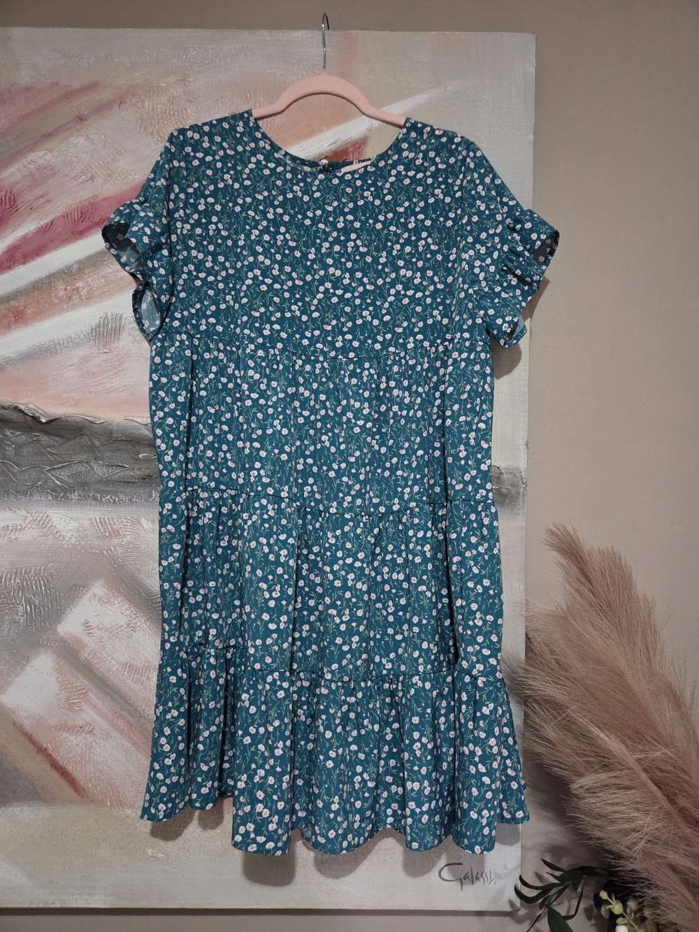 Floral Teal Tiered Short Sleeve Dress
